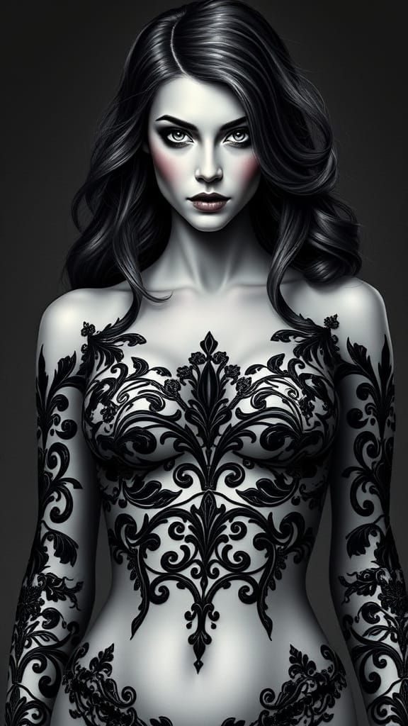 Sensual Gothic Woman in Black and Grey Realism