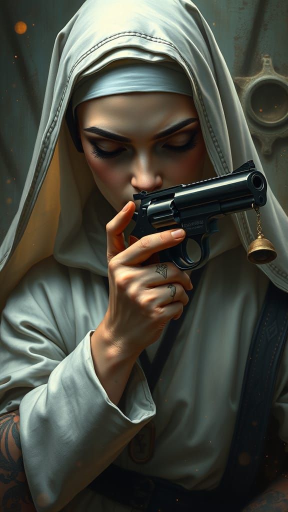 Surreal Tattooed Nun Licking Revolver in Mystical Realism