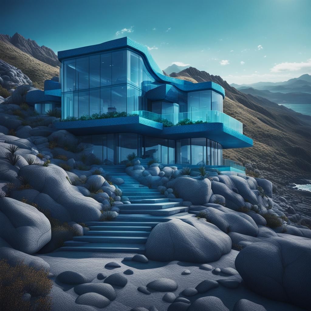 Blue Celestial Glass Mansion by Rocky Coast