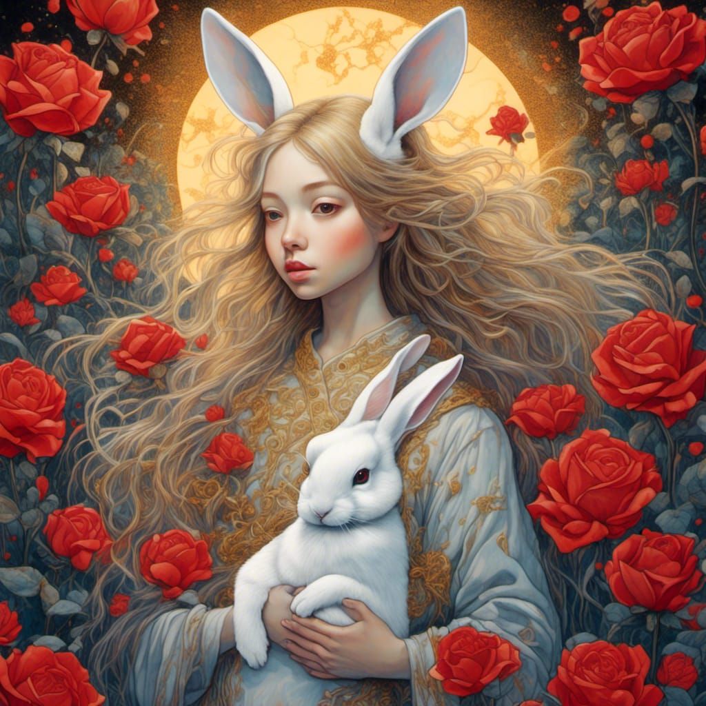 Surrealist Woman with Rabbit in Tonalist Style