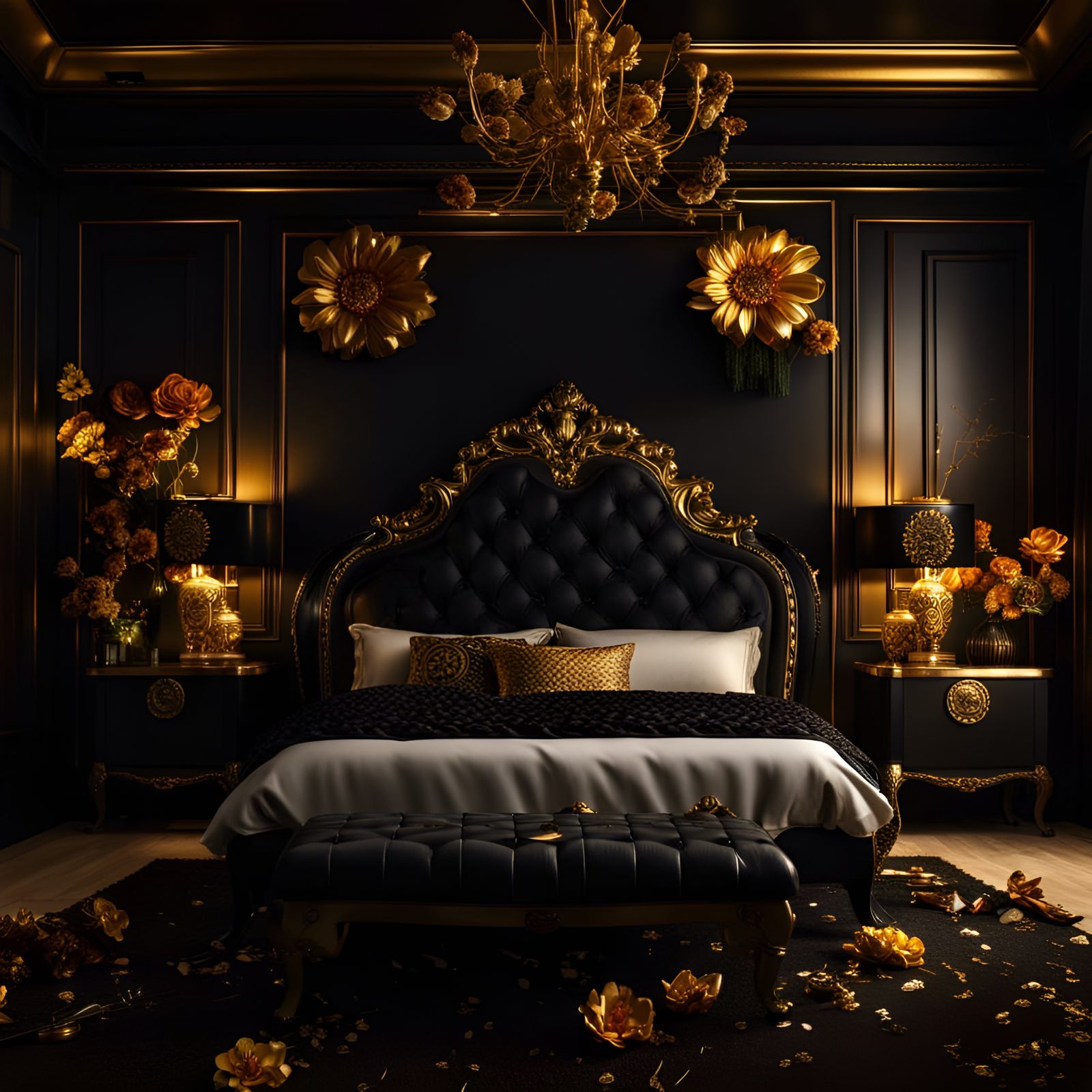 Elegant Black and Gold Bedroom with Golden Flowers