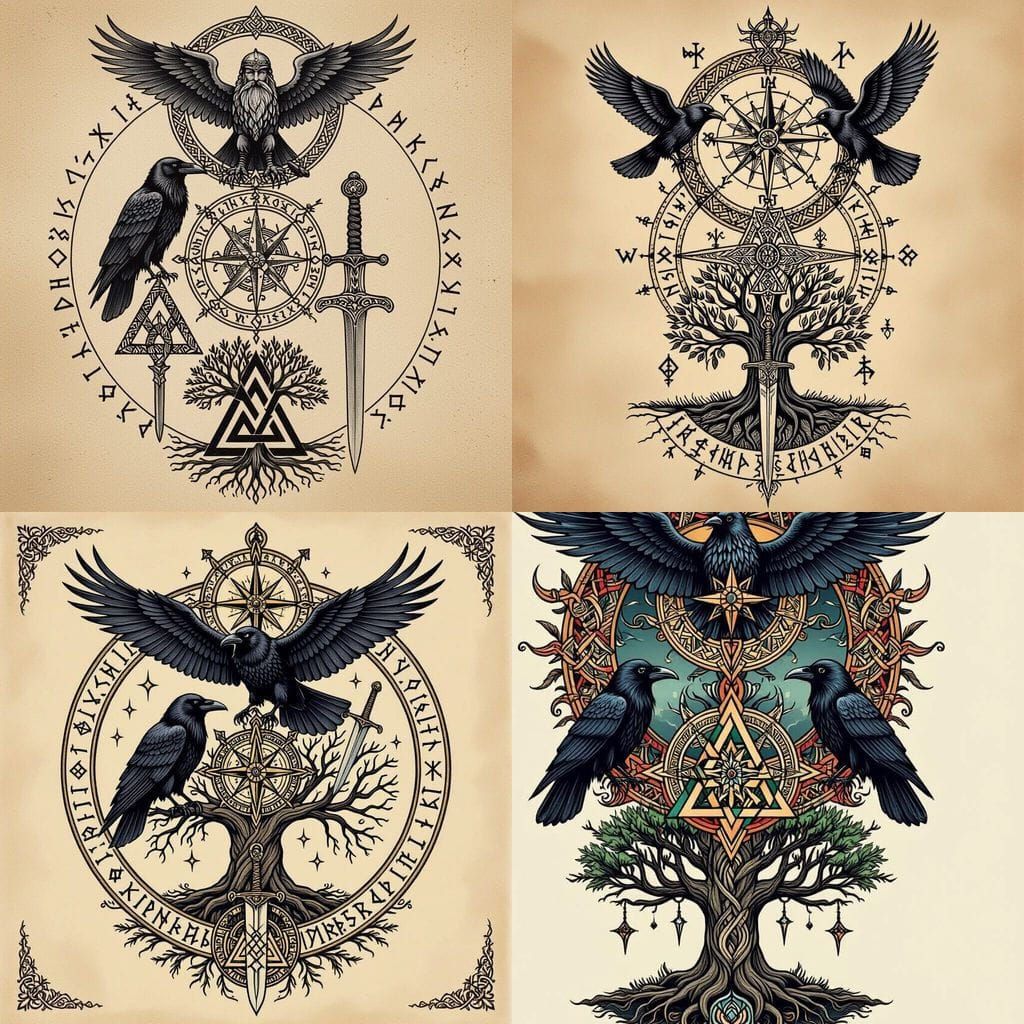 Norse Viking Compass Tattoo With Odin's Ravens and Yggdrasil