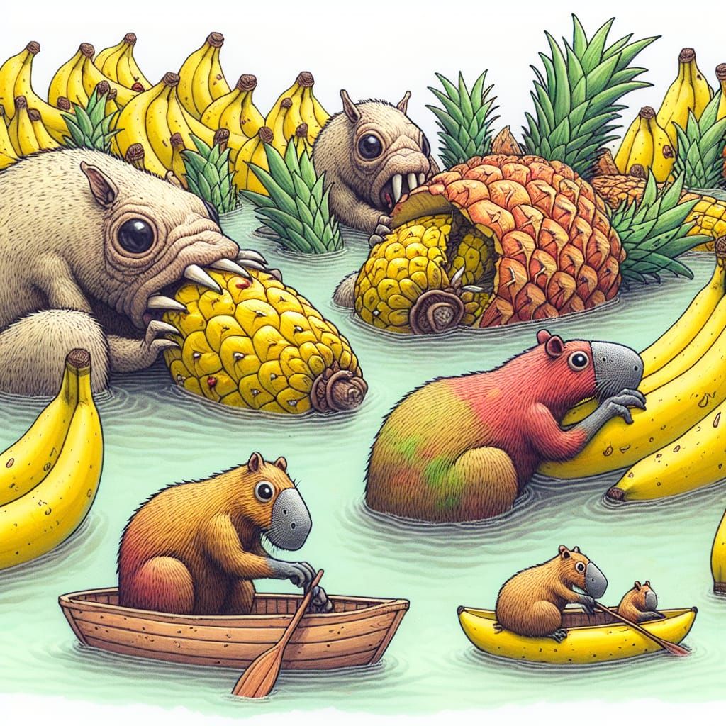 Aliens Throw Pineapples at Capybaras in Banana Boats