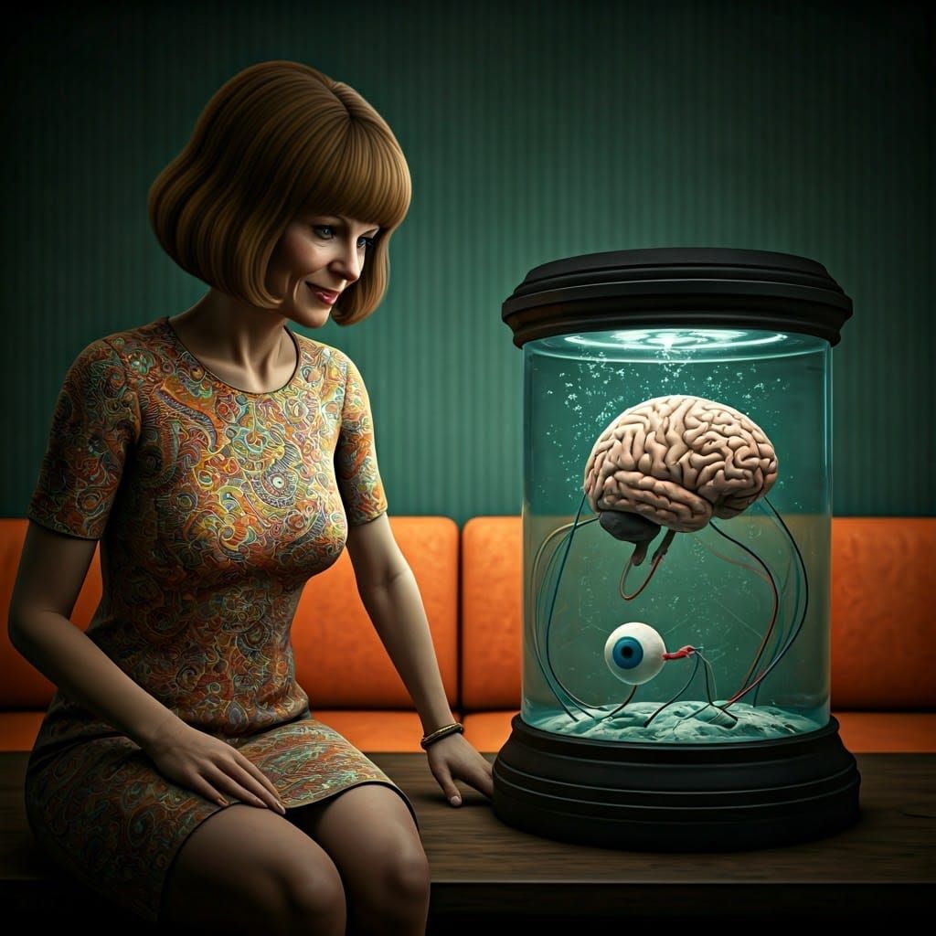 Woman in Paisley Dress Gazing at Mysterious Tank with Floati...