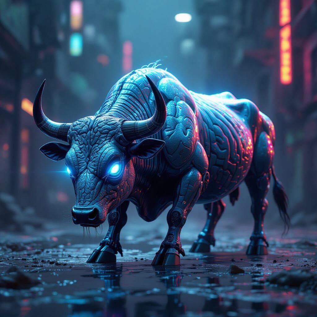 Biomechanical Ox with Brainrot Texture in Cyberpunk Style