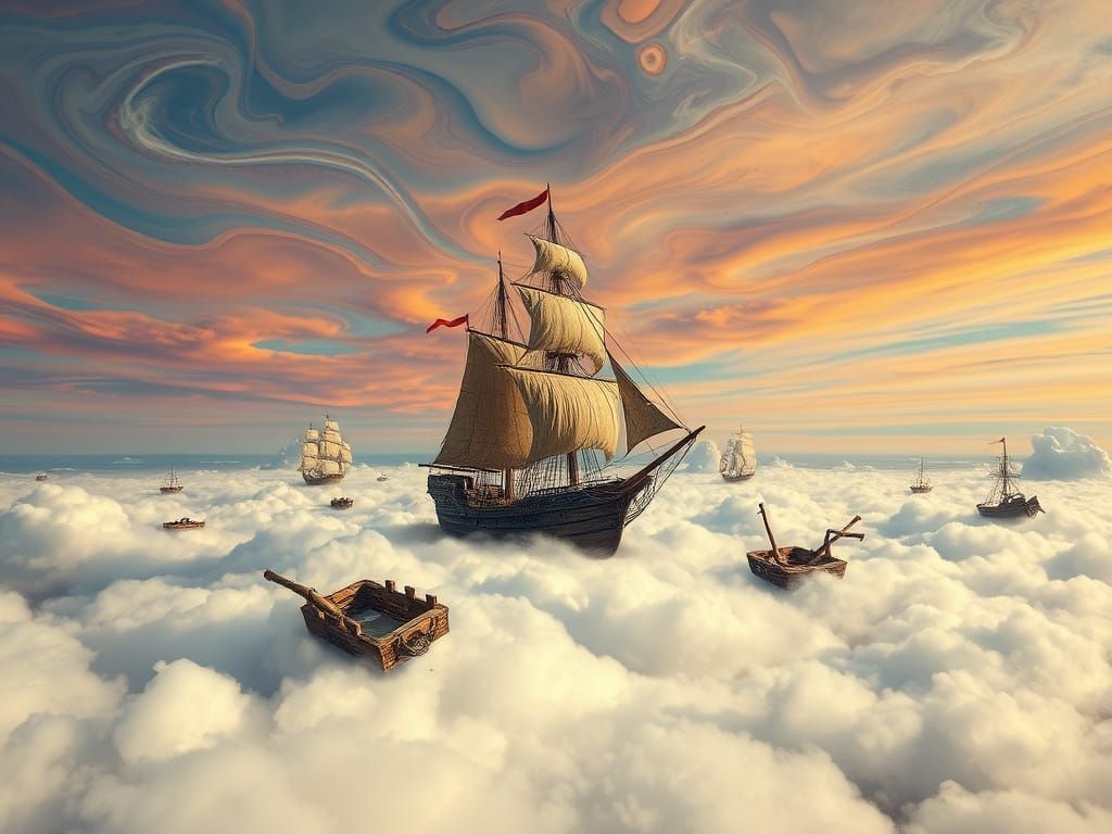 Galleon Among Clouds: Hyperrealistic Abstract Art
