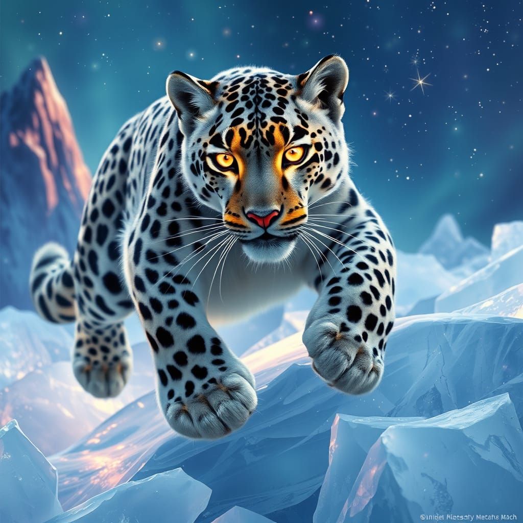 Snow Leopard with Aurora Fur in Art Nouveau Style