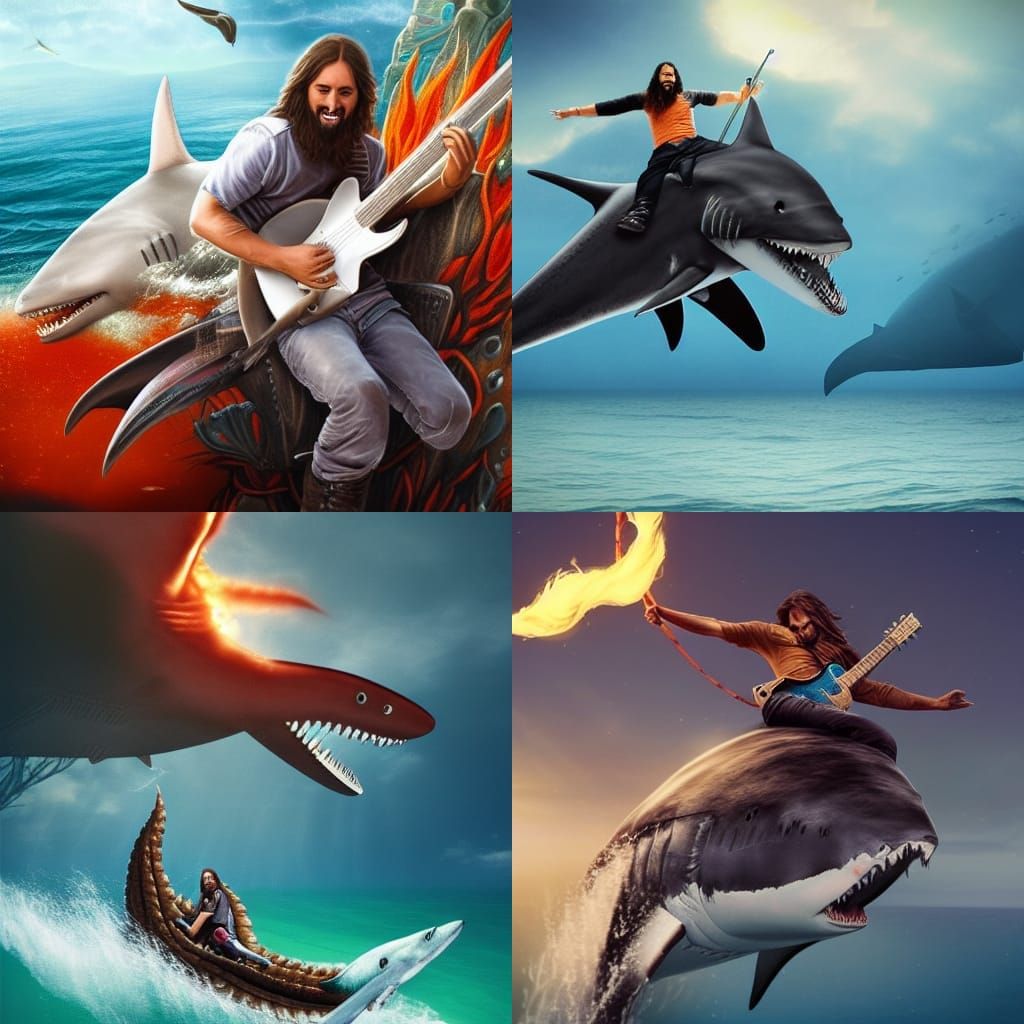 Jesus Rides Fire Shark Playing Guitar: Epic Digital Art