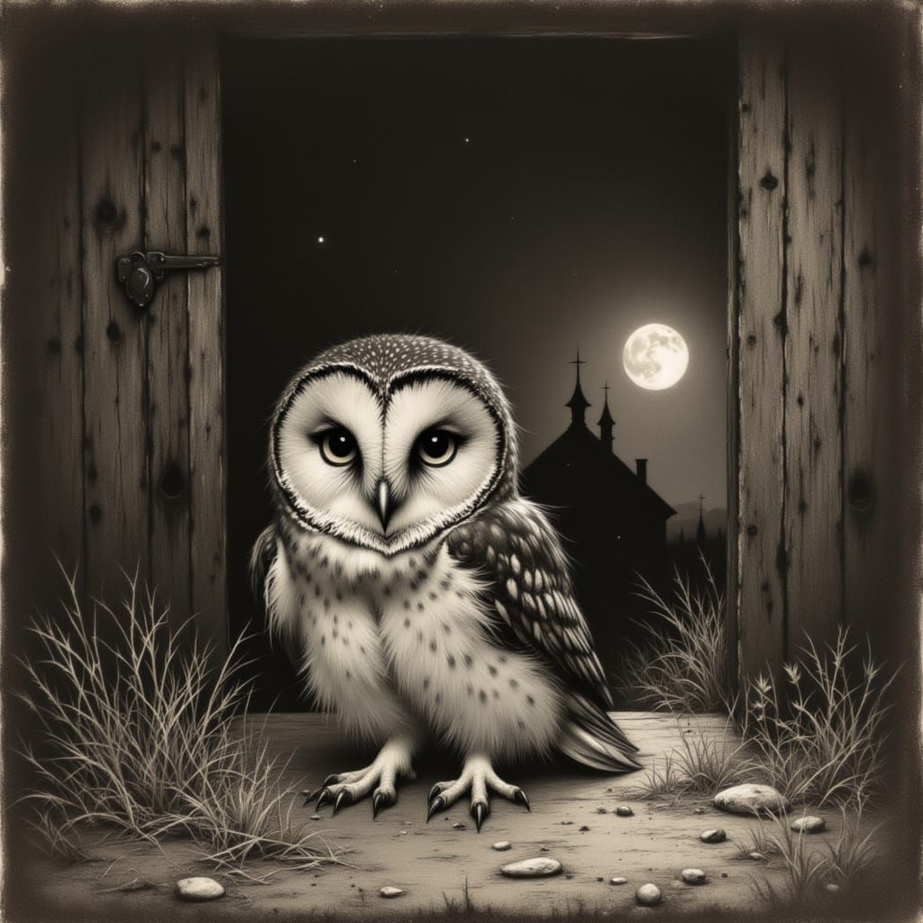 Moonlit Barn Owl in Charcoal Style