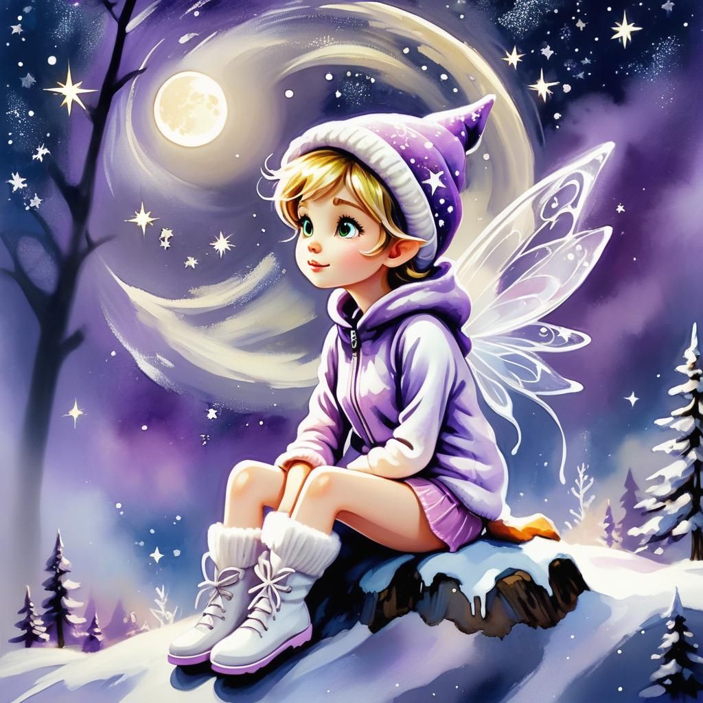 Whimsical Fairy in Starry Sky Acrylic Illustration