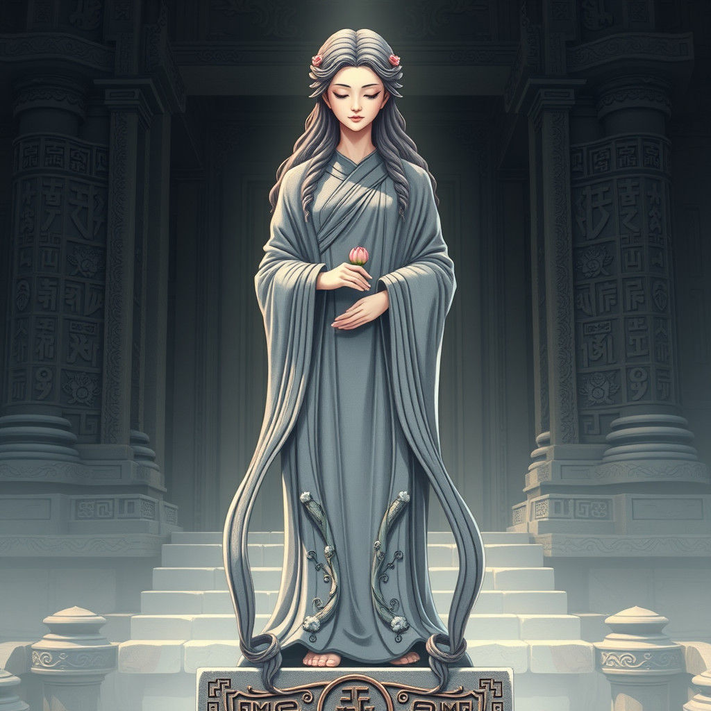 Anime-Style Stone Goddess Sculpture in Ancient Temple