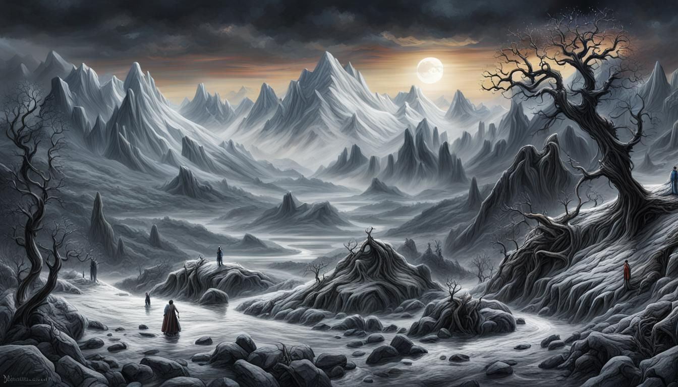 Epic Winter Mountain Landscape in Dark Fantasy Style