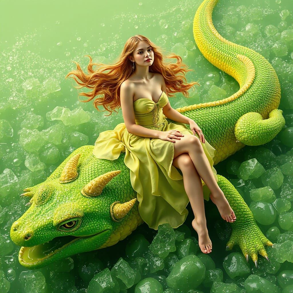 Woman on Gummy Salamander in Soda Ocean