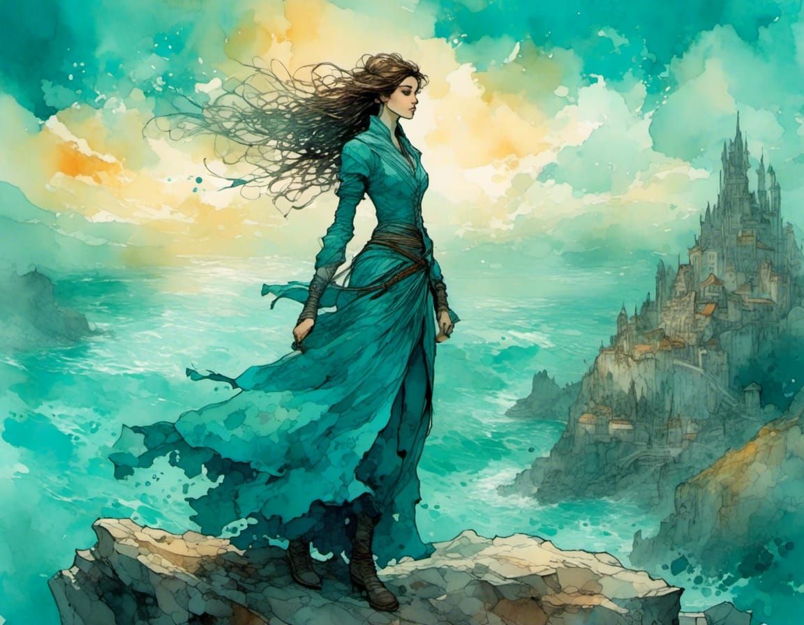 Renaissance Druidess in Hydropunk Style Watercolor Illustrat...