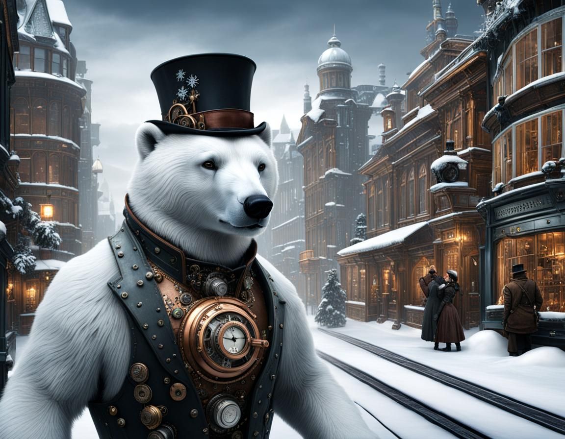 Steampunk Automaton Polar Bear in Winter Wonderland