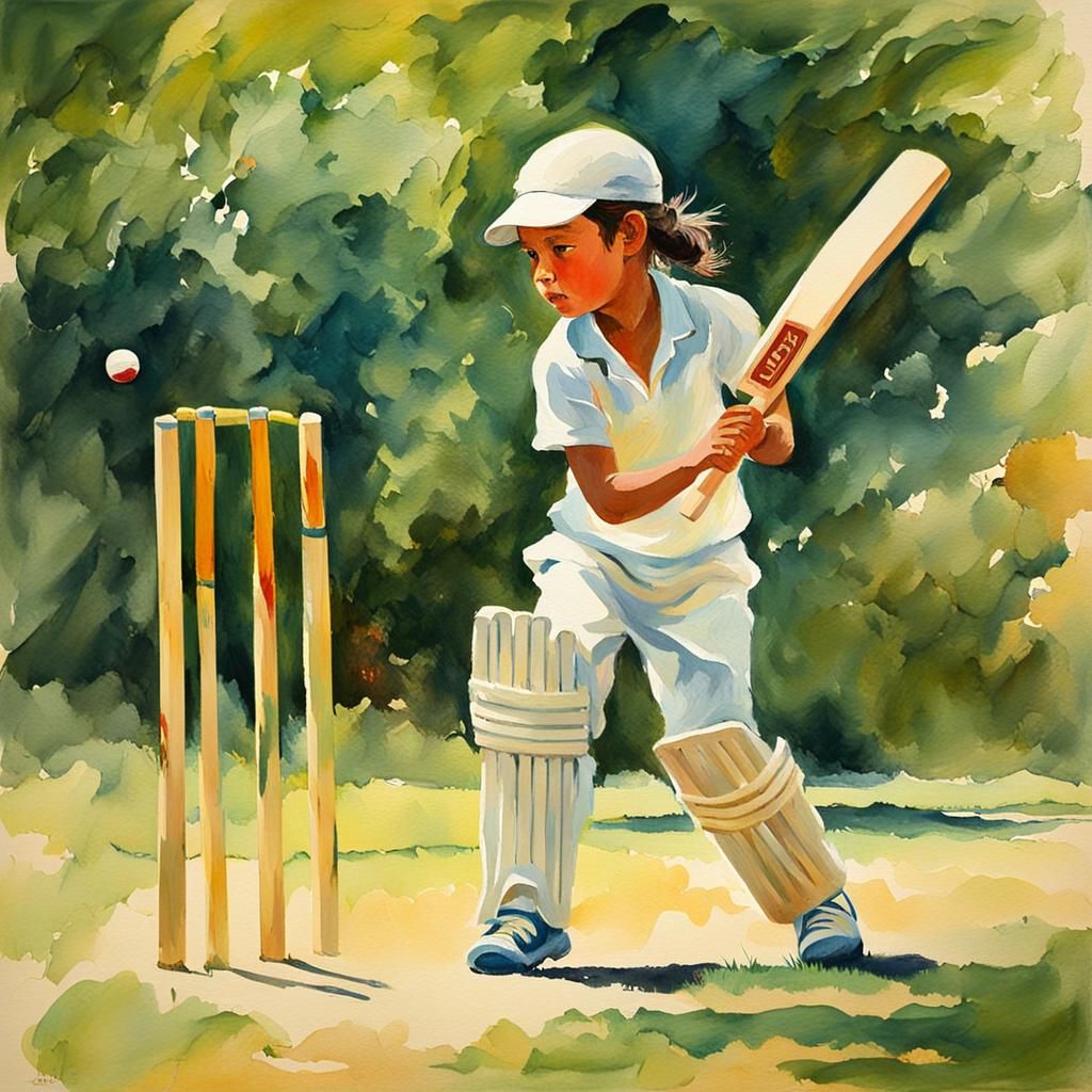 Girl Playing Cricket in Gouache Watercolor Style