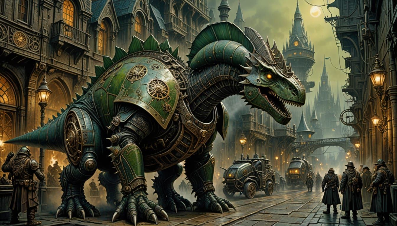Gothic Steampunk Stegosaurus Stands Vigilant in Mysterious V...