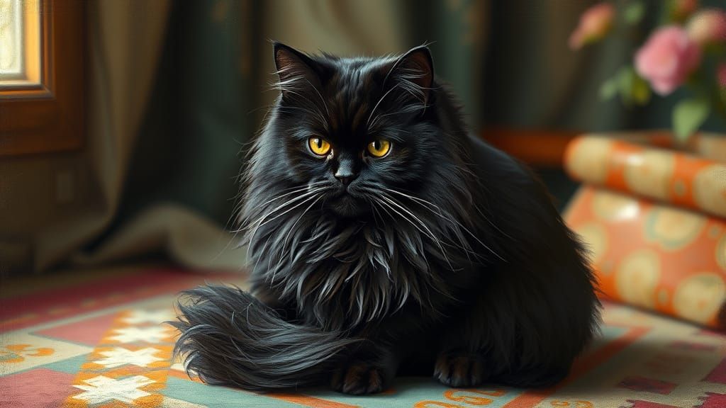 Black Persian Cat in Impressionist Style
