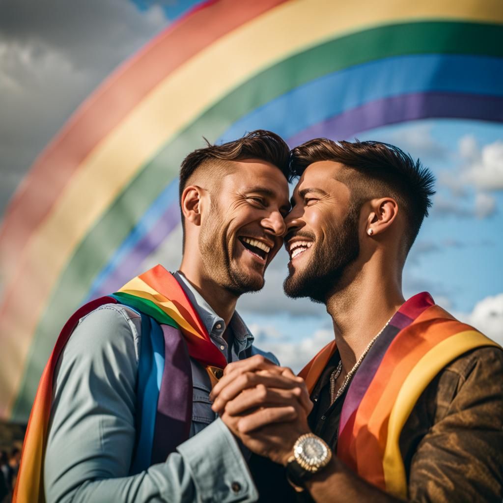 Triumphant Gay Couple Holding Hands Under Rainbow