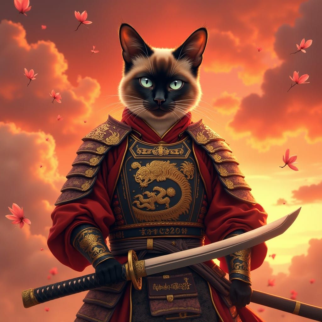 Regal Siamese Cat Warrior in Samurai Armor, Crimson Sky