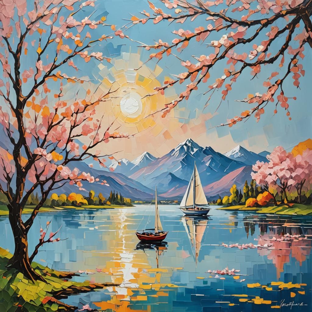 Expressionist Sailboat on Lake with Cherry Trees