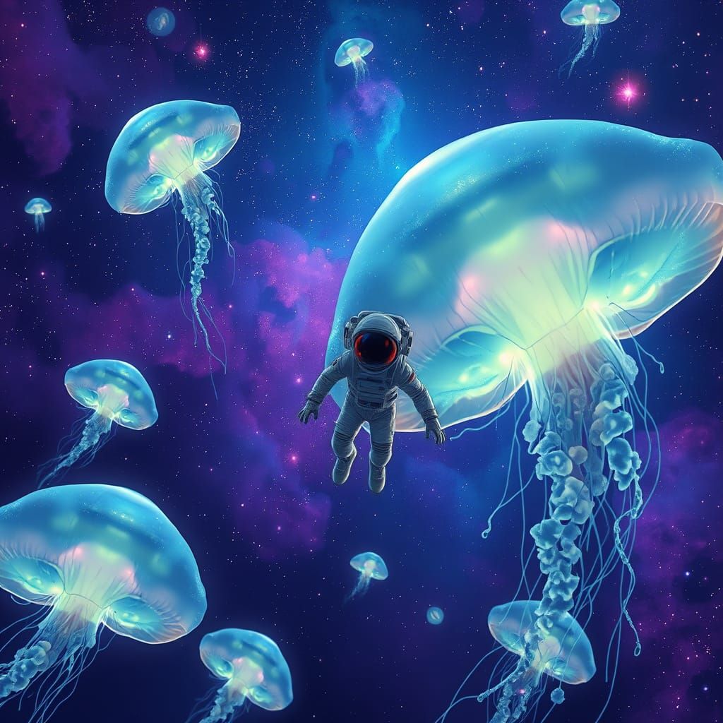 Astronaut Adrift in Nebula with Bioluminescent Jellyfish, Co...