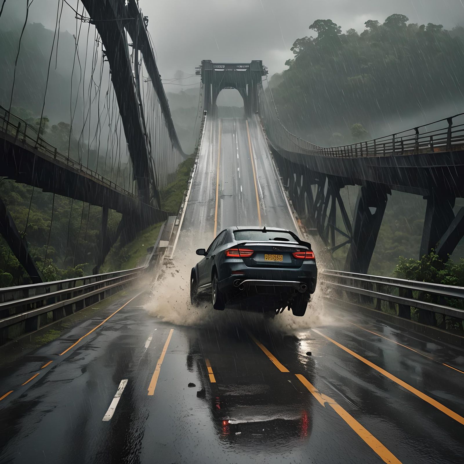 Car Plunging from Broken Bridge in Heavy Rain