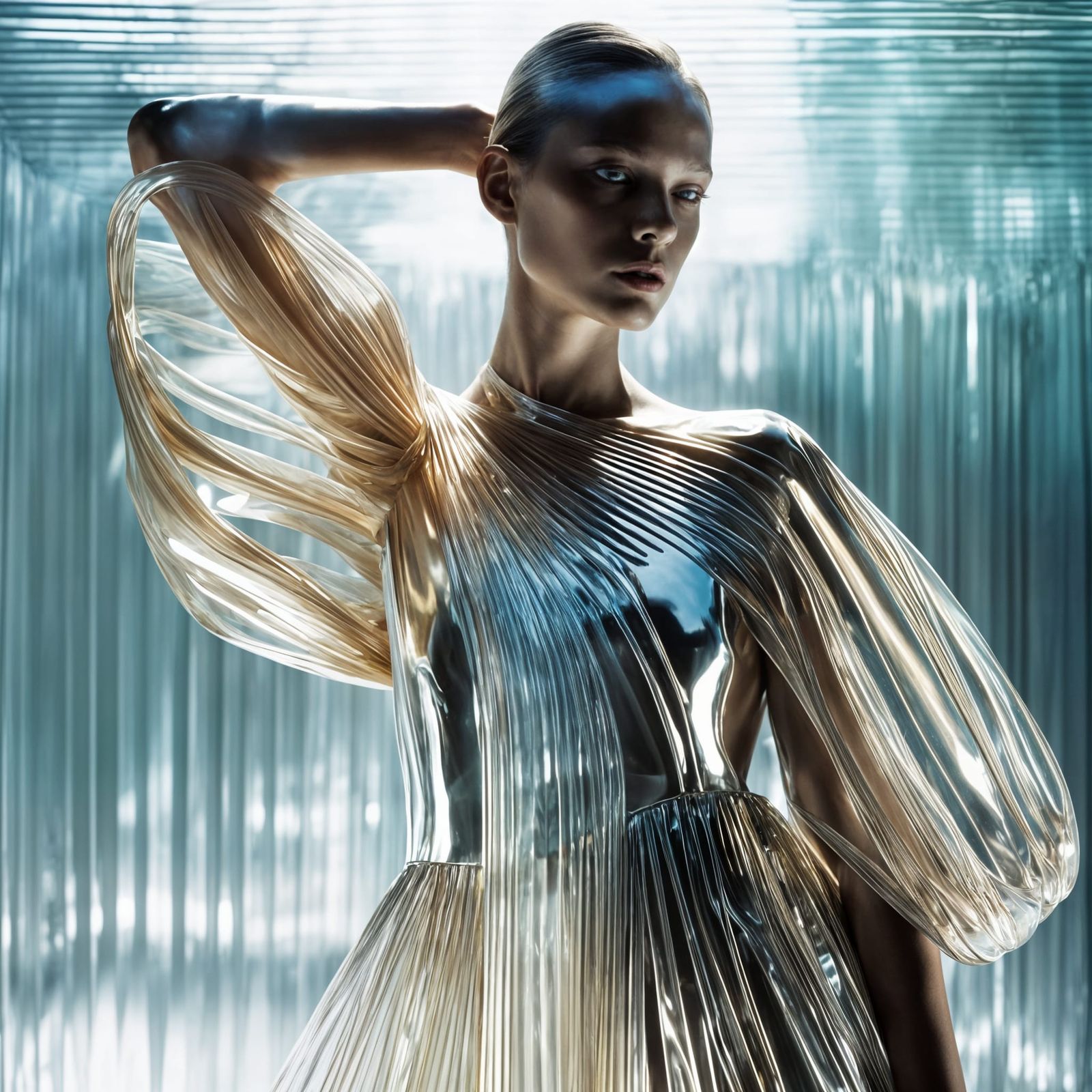 Ethereal Woman in Avant-Garde Glass Dress