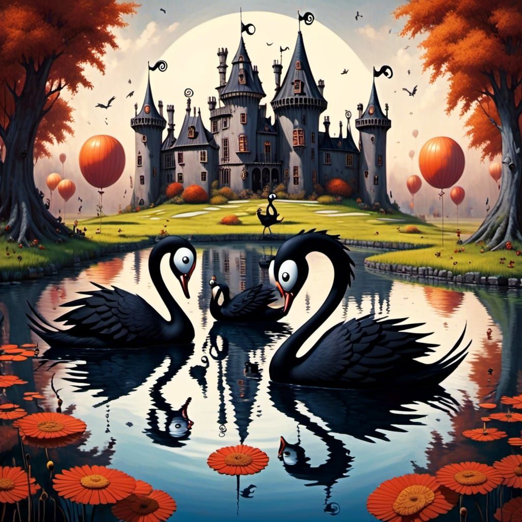 Black Swans Glide Before Fairytale Castle