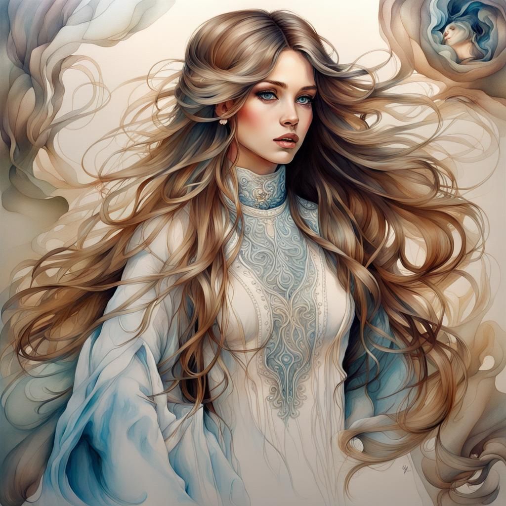 Elegant Art Nouveau Woman in Alcohol Ink Style