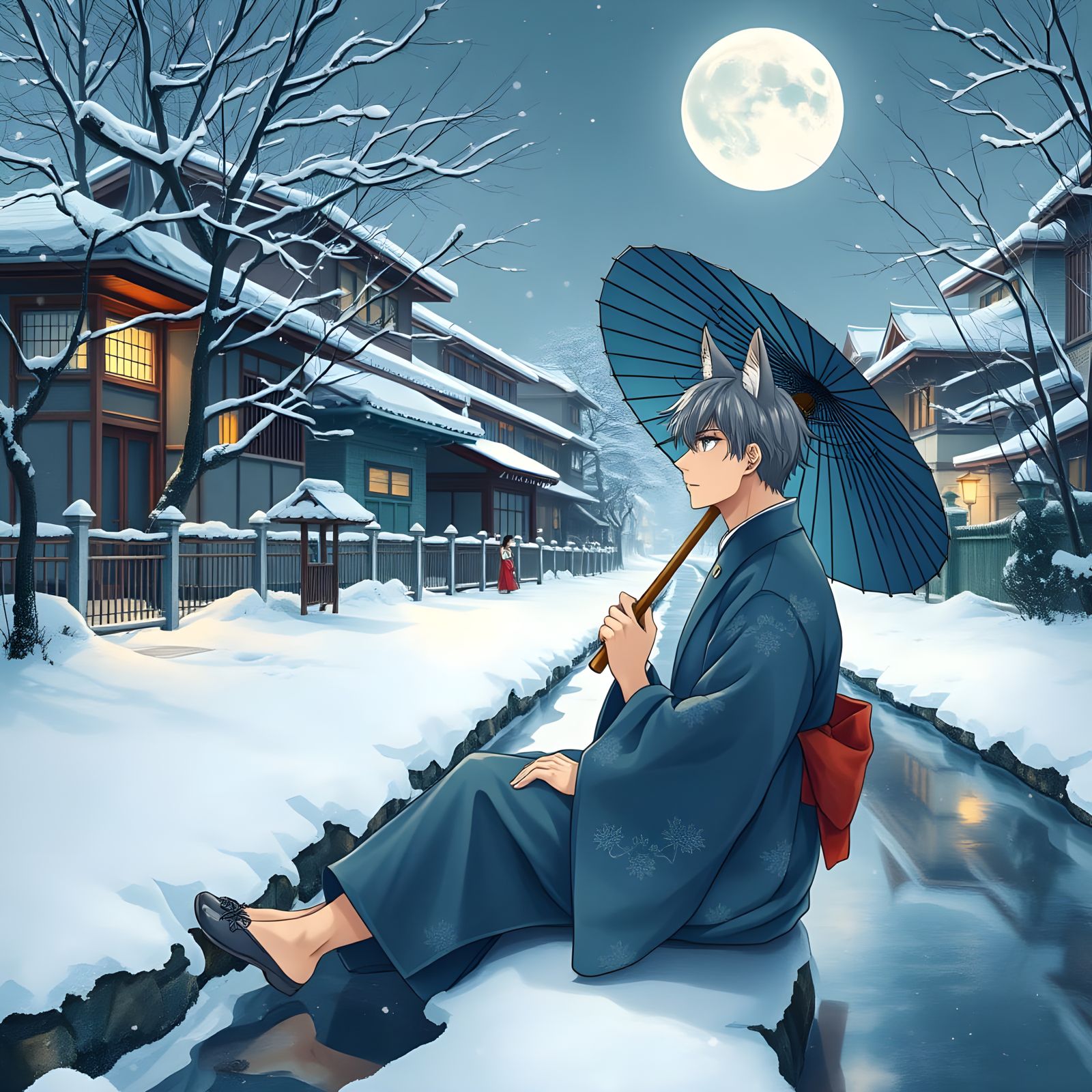 Nekomimi in Winter: A Serene Japanese Canal Scene