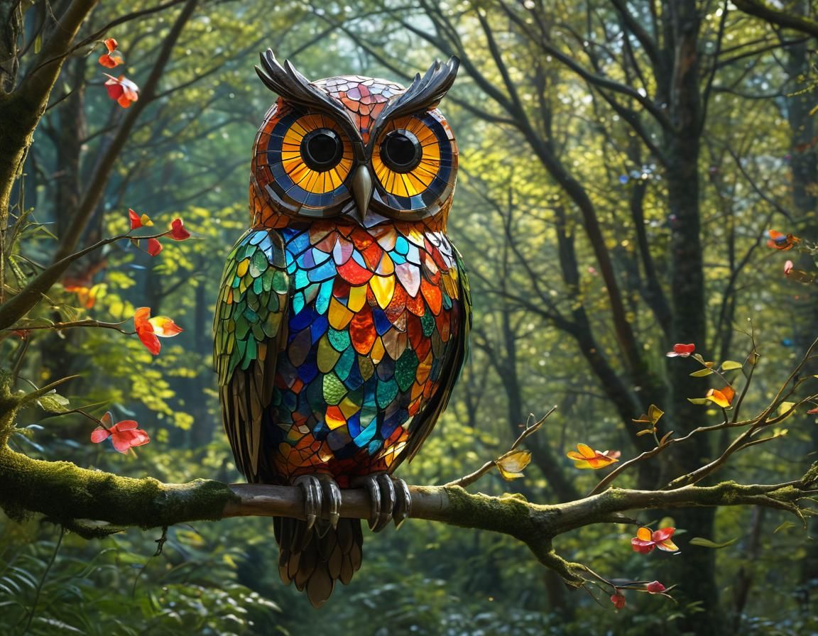 Colorful Mosaic Glass Owl in Forest Sunlight