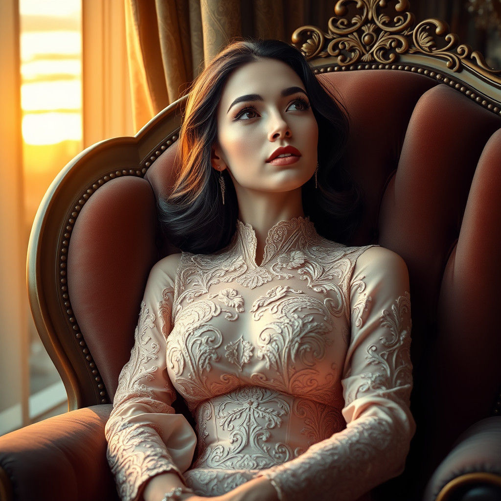 Elegant Woman Gazing Out Window in Dreamy Art Style