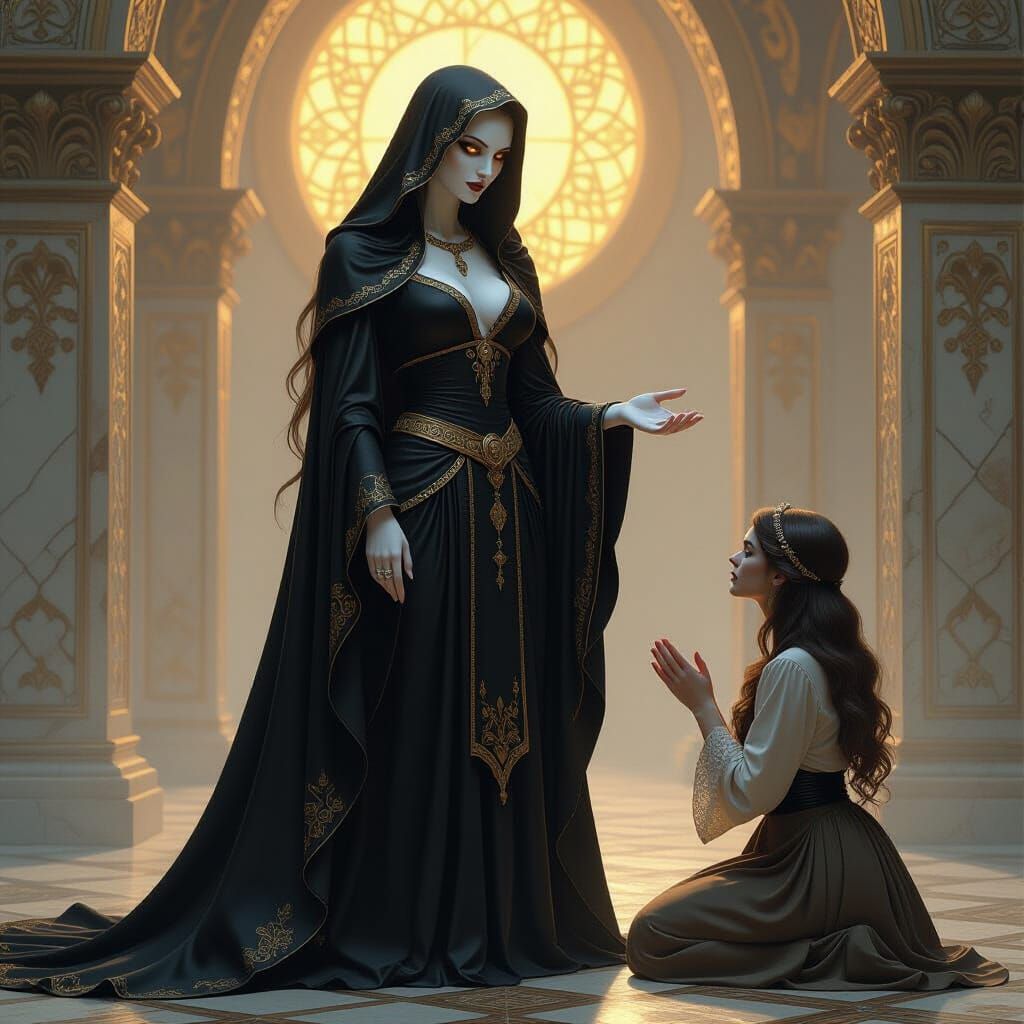 Goddess in Shadowy Robes, Dark Fantasy Scene