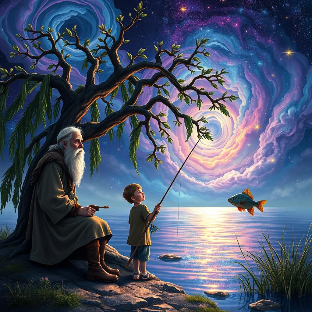 Ethereal Fishing Scene at a Cosmic Pond