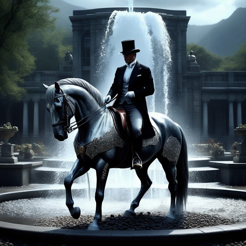 Fountain statue of a gangster riding a stallion