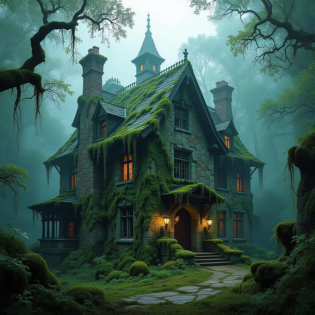 Mystical Manor in Lush Forest, Mystical Realism Style