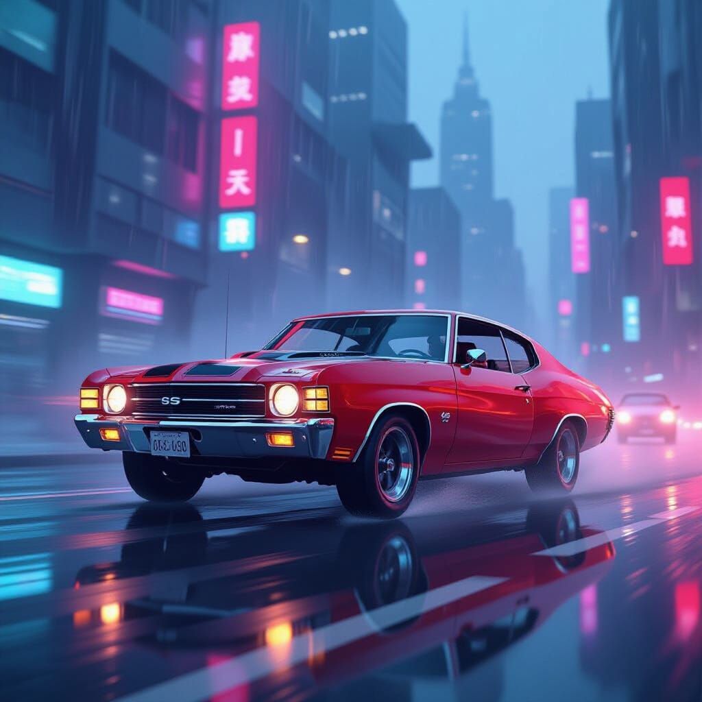 Cyberpunk Chevelle SS Speeds Through Neon Cityscape