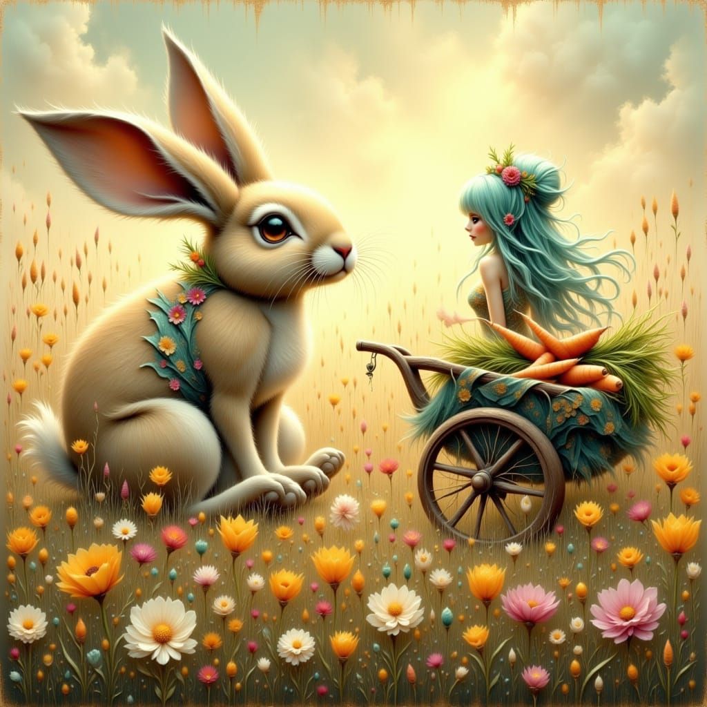 Elf Feeds Giant Rabbit in Floral Field