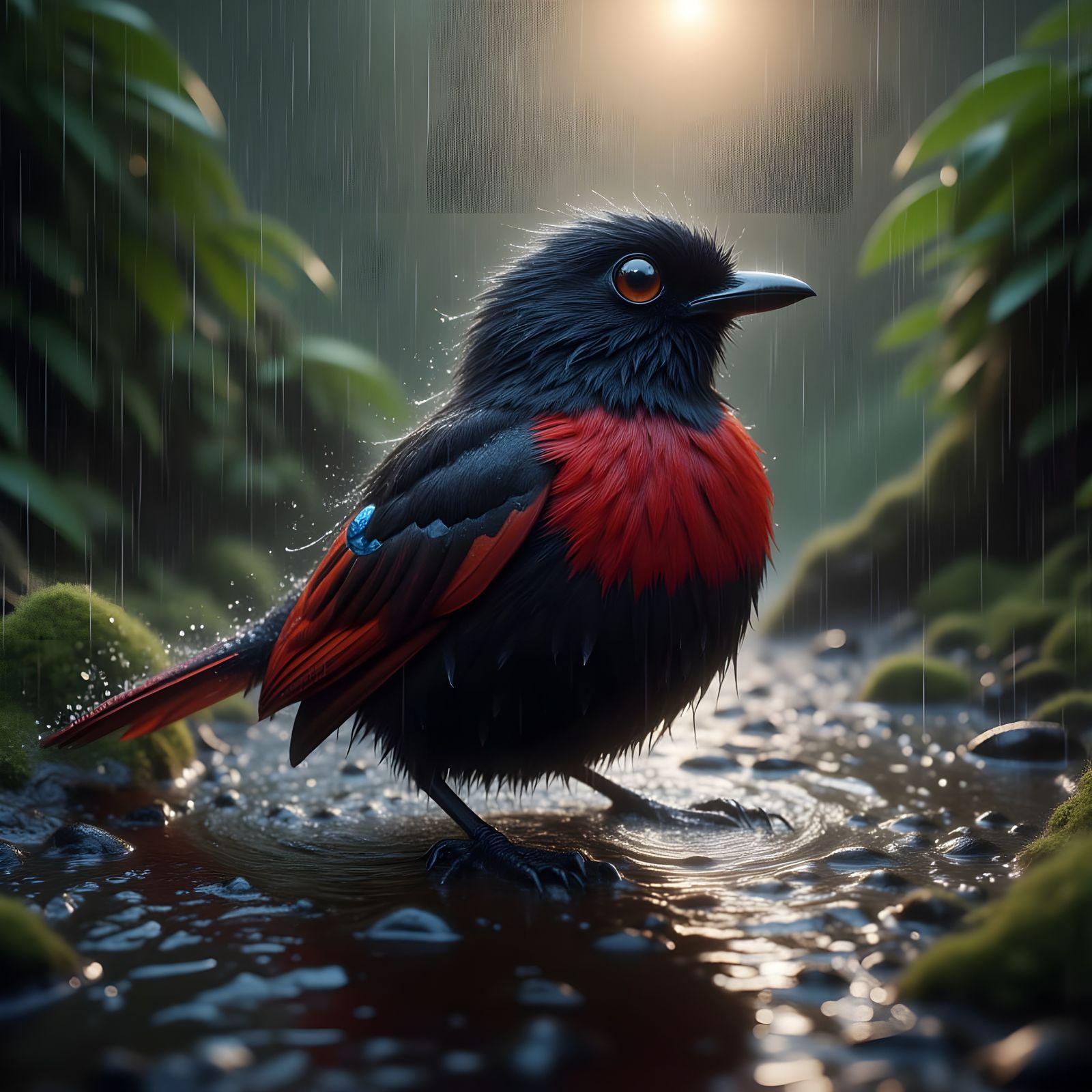 Scarlet-Bellied Tanager Splashing in Puddle