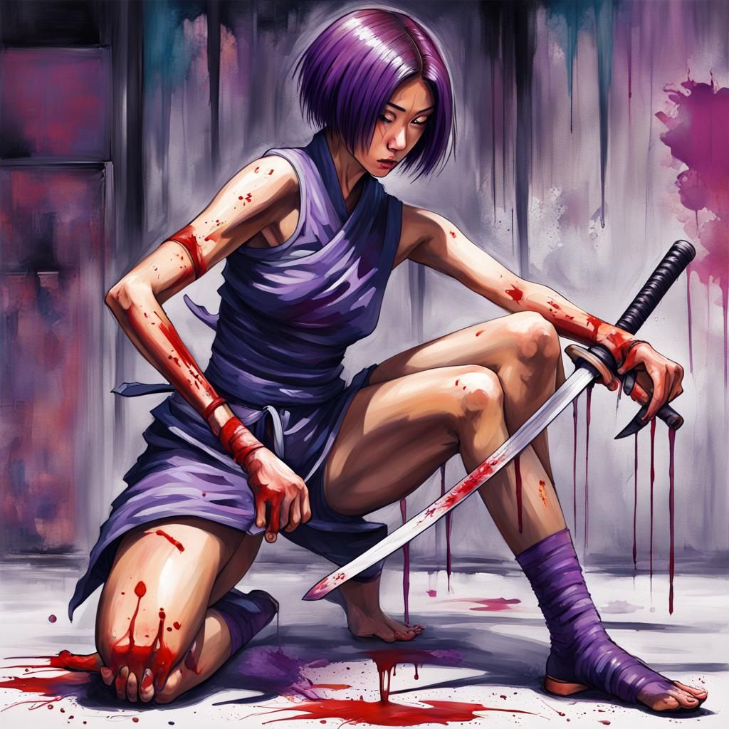 Japanese Kunoichi with Katana in Graffiti Art Style