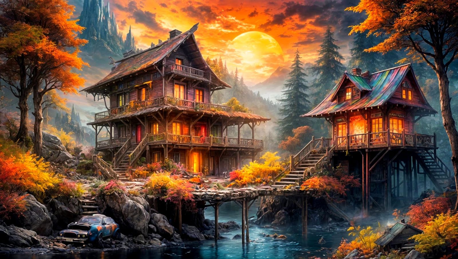 Ethereal Sunset Townscape in Vibrant, Moonlit Colors