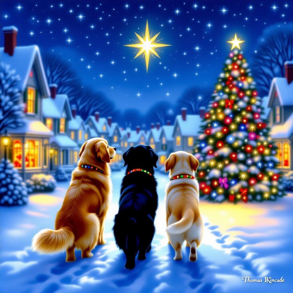 Three Labradors in a Starry Storybook Town at Night
