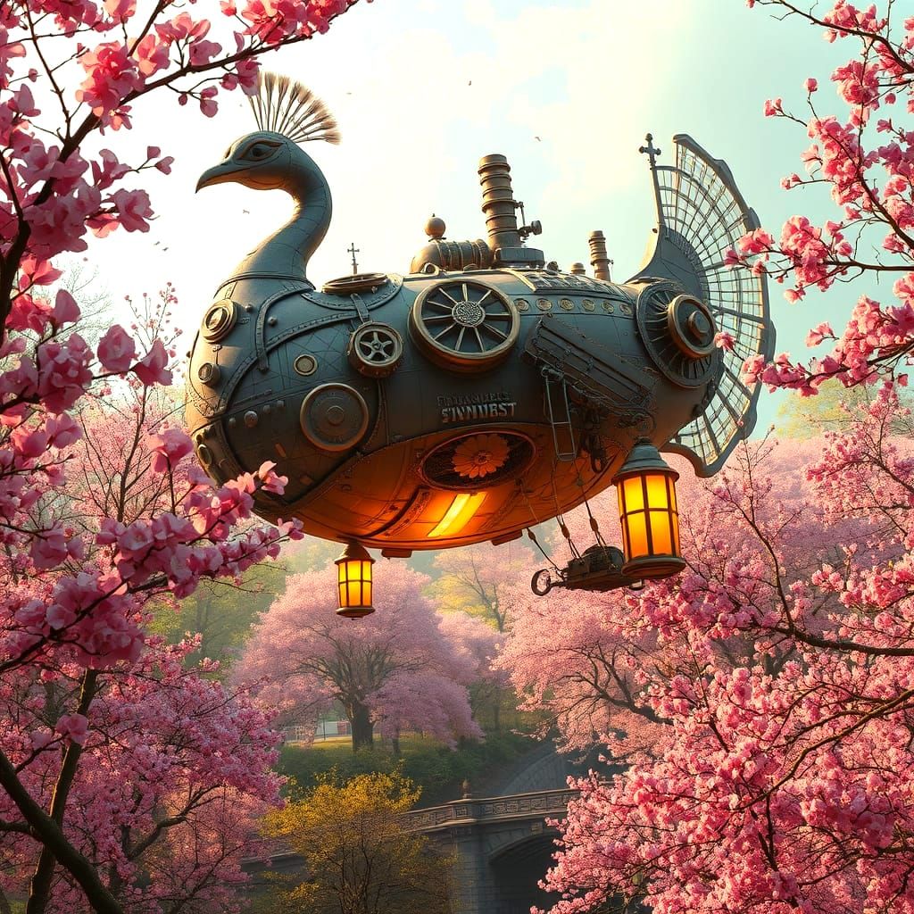 Steampunk Peacock Airship Soaring Through Cherry Blossoms