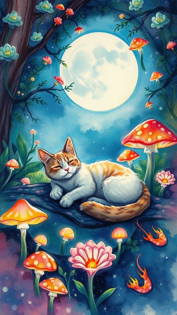 Mystical Cat in Moonlit Garden, Whimsical Artwork