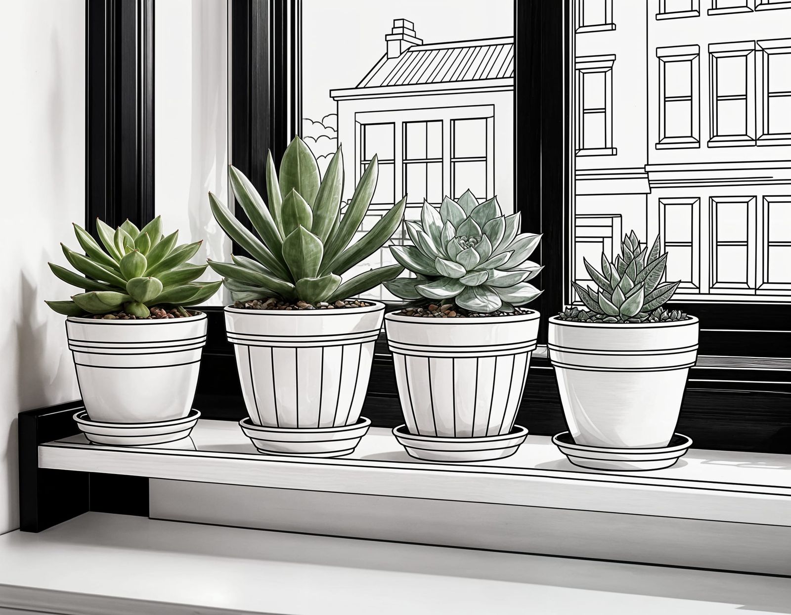 Cute Succulents on Windowsill: Coloring Book Line Art
