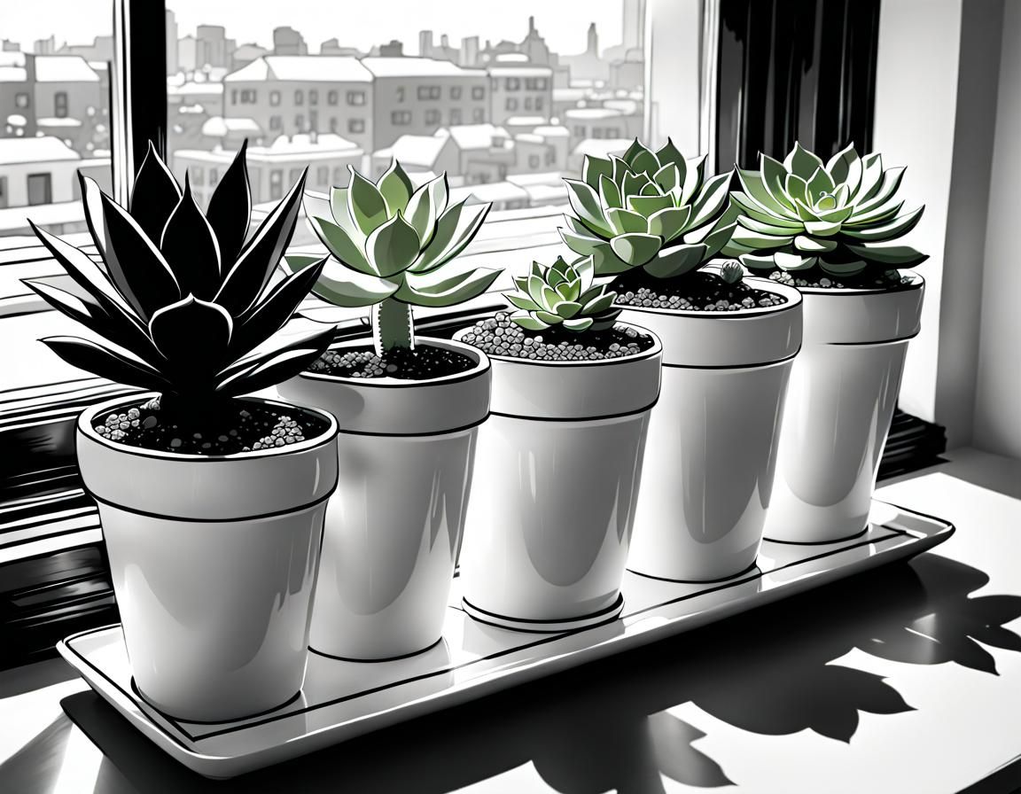 Coloring Book Page: Cute Succulents on Windowsill