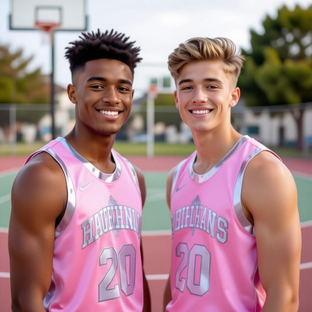 Young Men in Matching Pink Basketball Uniforms