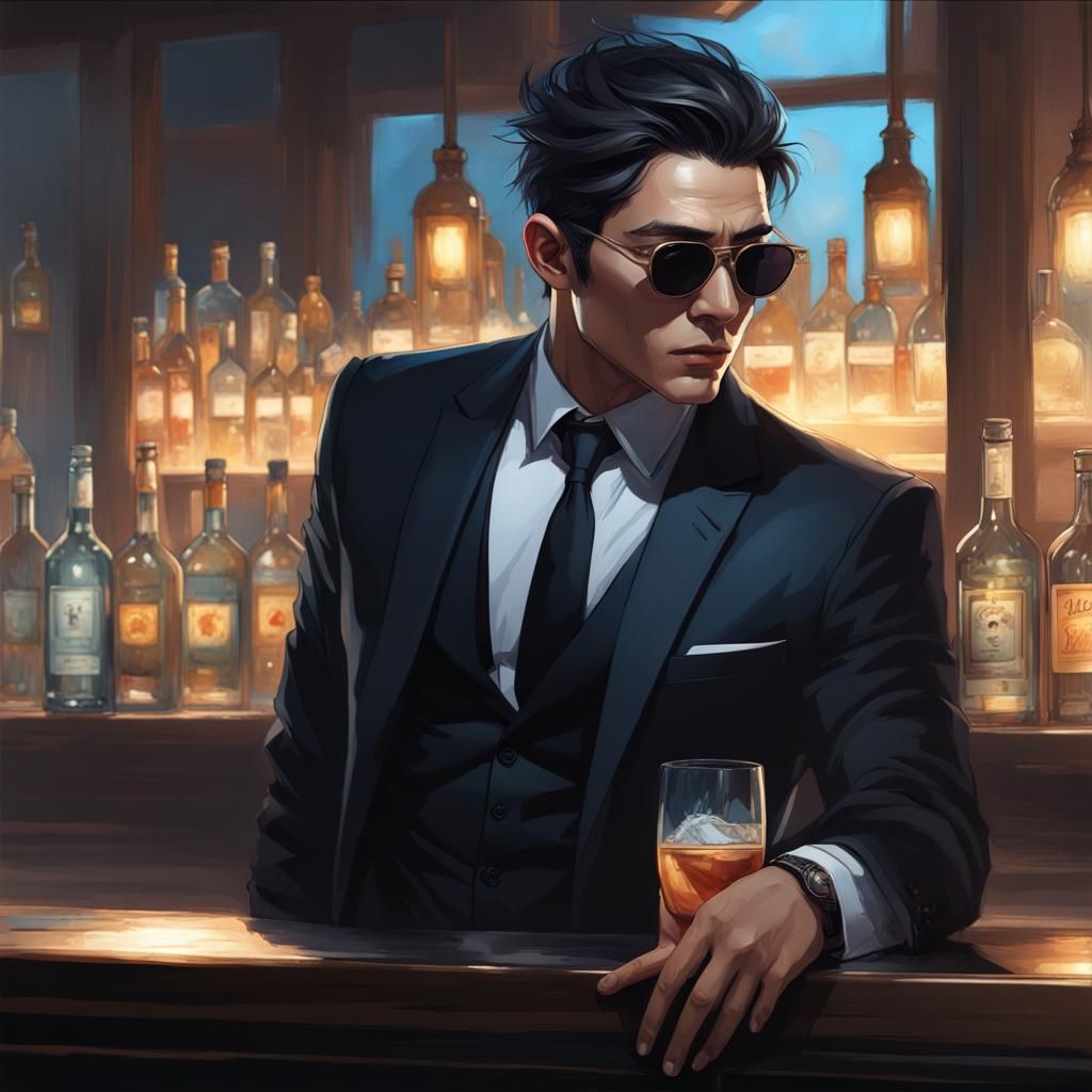 Korean Man in Dark Bar, Hyperdetailed Portrait