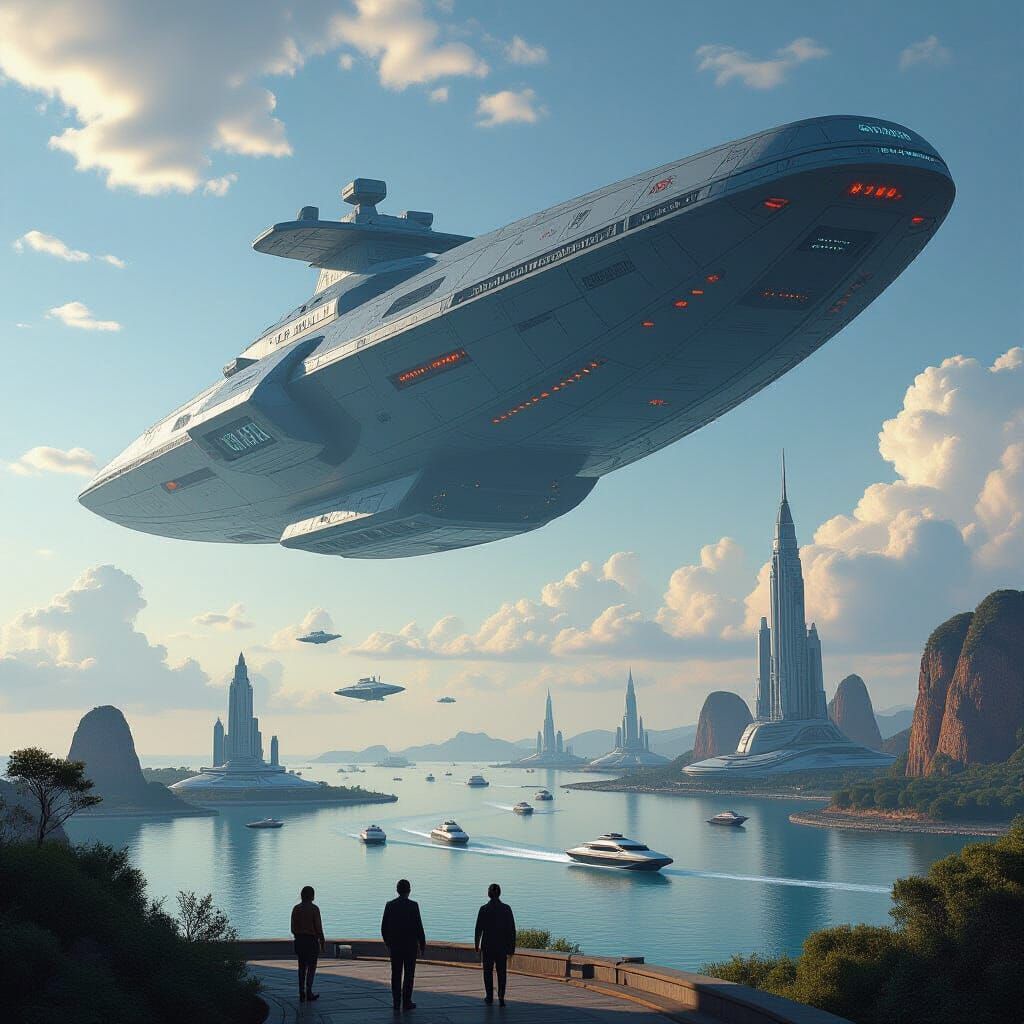 Menacing Alien Battleship over Utopian World